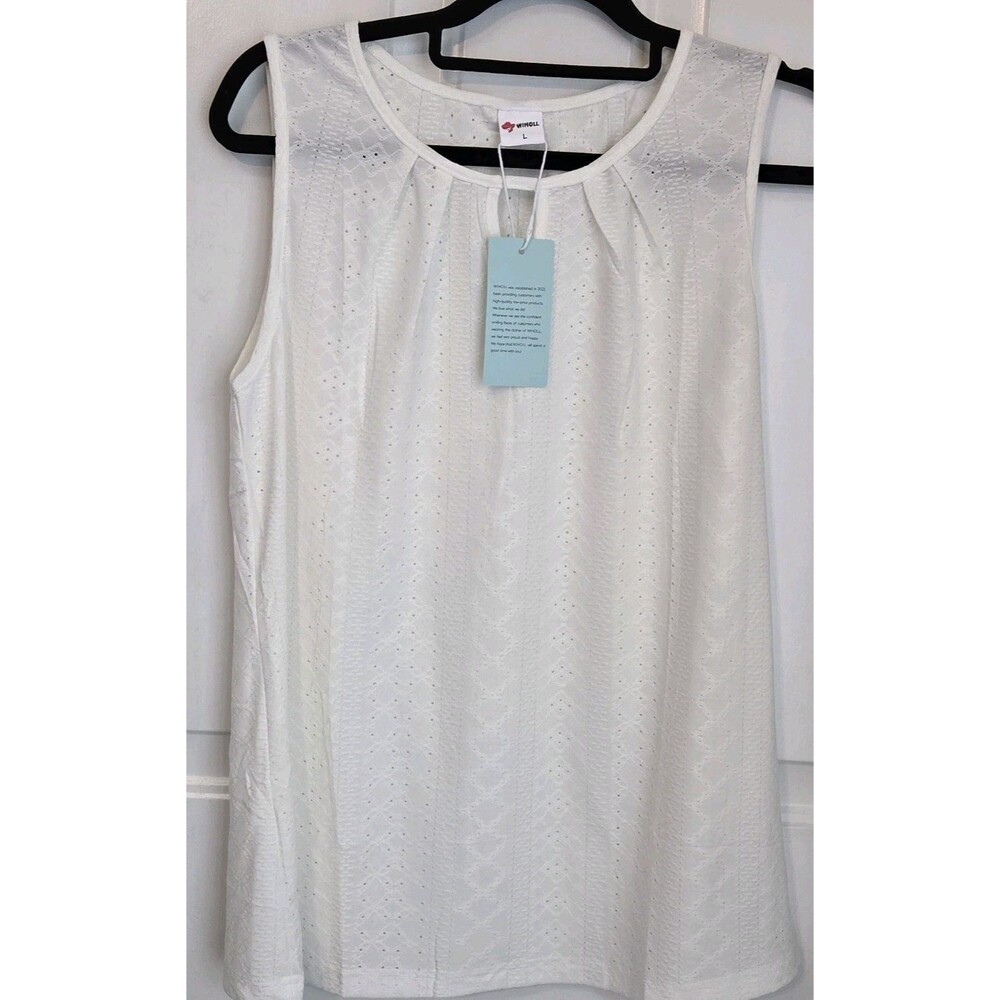 NWT Wiholl White tank top, Eyelet embroidery & Keyhole Neckline - Size L